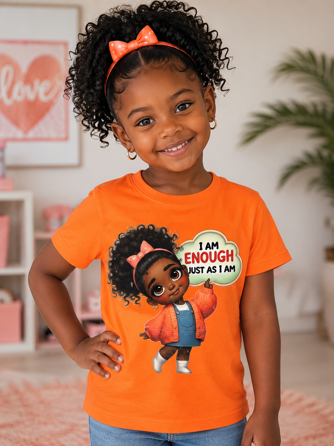 I Am Enough Just As I Am | Inspirational Girls Graphic T-Shirt | Orange Kids Tee