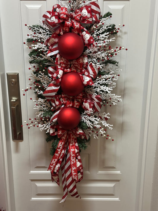 Red Holiday Luxe Ornament Door Swag – Frosted Berry Christmas Wreath