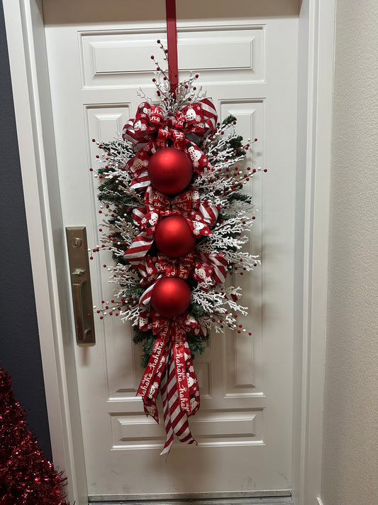Red Holiday Luxe Ornament Door Swag – Frosted Berry Christmas Wreath