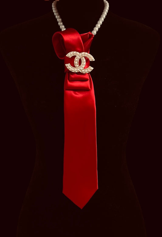 Luxe Red Ribbon Statement Brooch Collar – Pearl Layered Couture Accessory