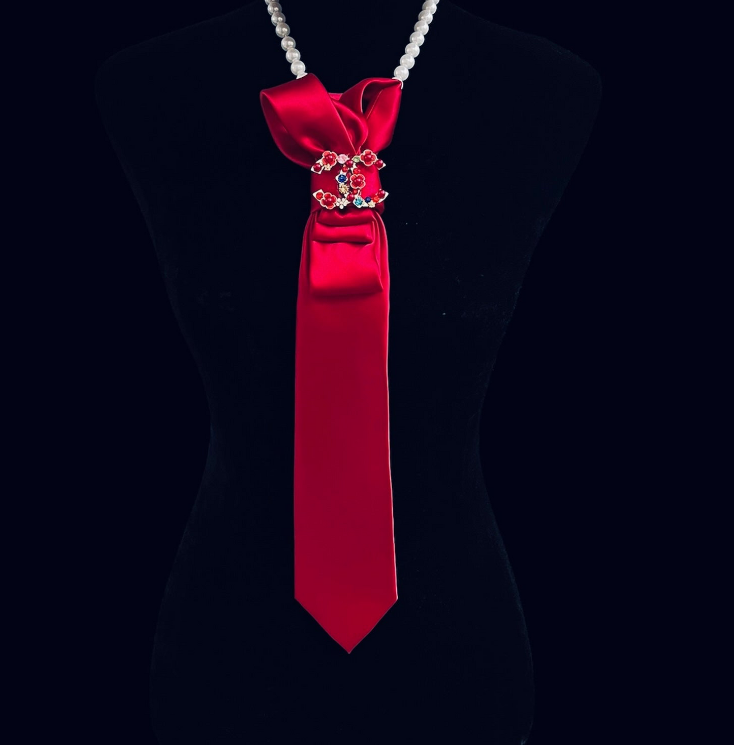 Luxe Red Ribbon Statement Brooch Collar – Pearl Layered Couture Accessory
