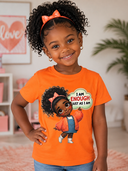 I Am Enough Just As I Am | Inspirational Girls Graphic T-Shirt | Orange Kids Tee