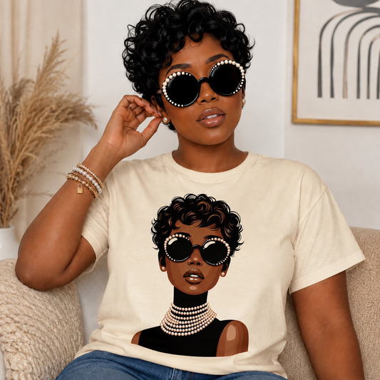 Elegant Pearl Beauty Graphic T-Shirt | Melanin Queen Fashion Tee | Women’s Statement Shirt