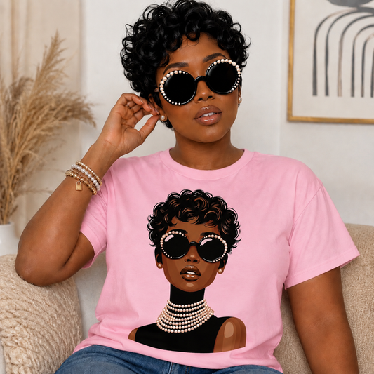 Elegant Pearl Beauty Graphic T-Shirt | Melanin Queen Fashion Tee | Women’s Statement Shirt